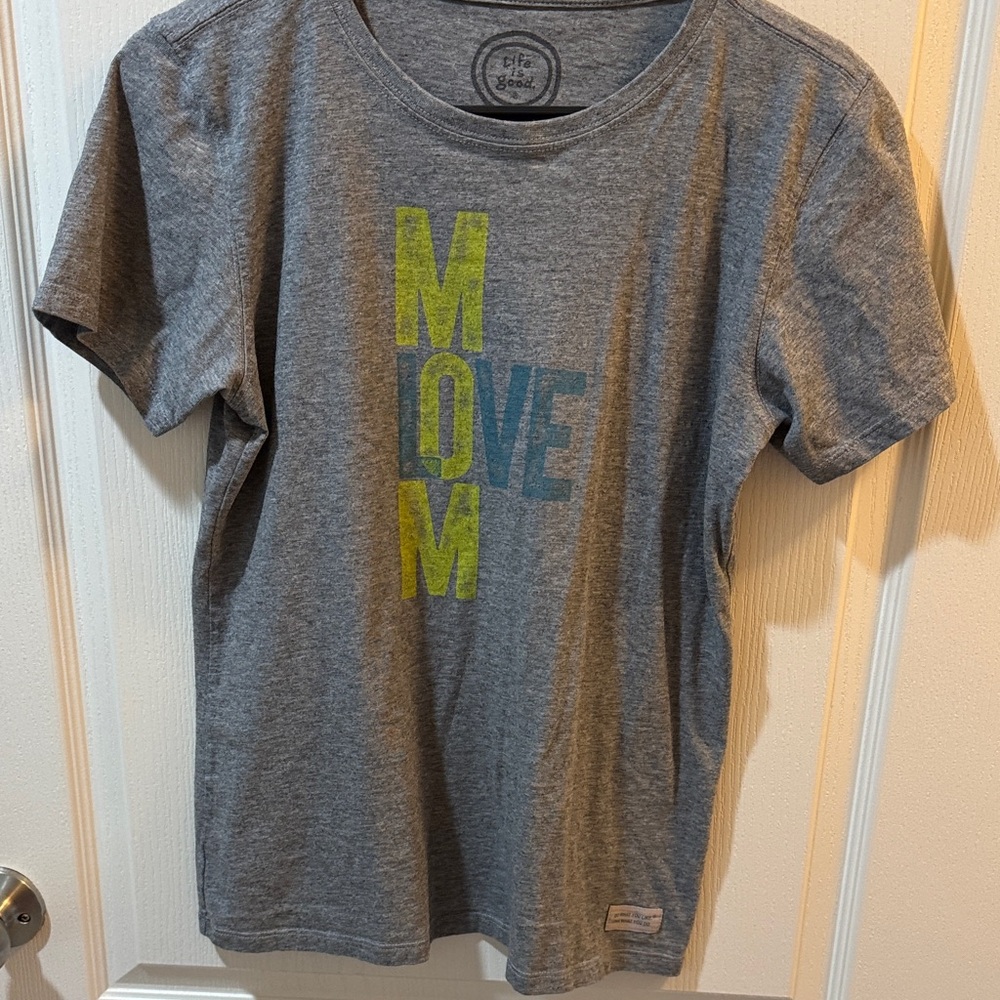 Life Is Good Gray Tee with Yellow and Blue Print